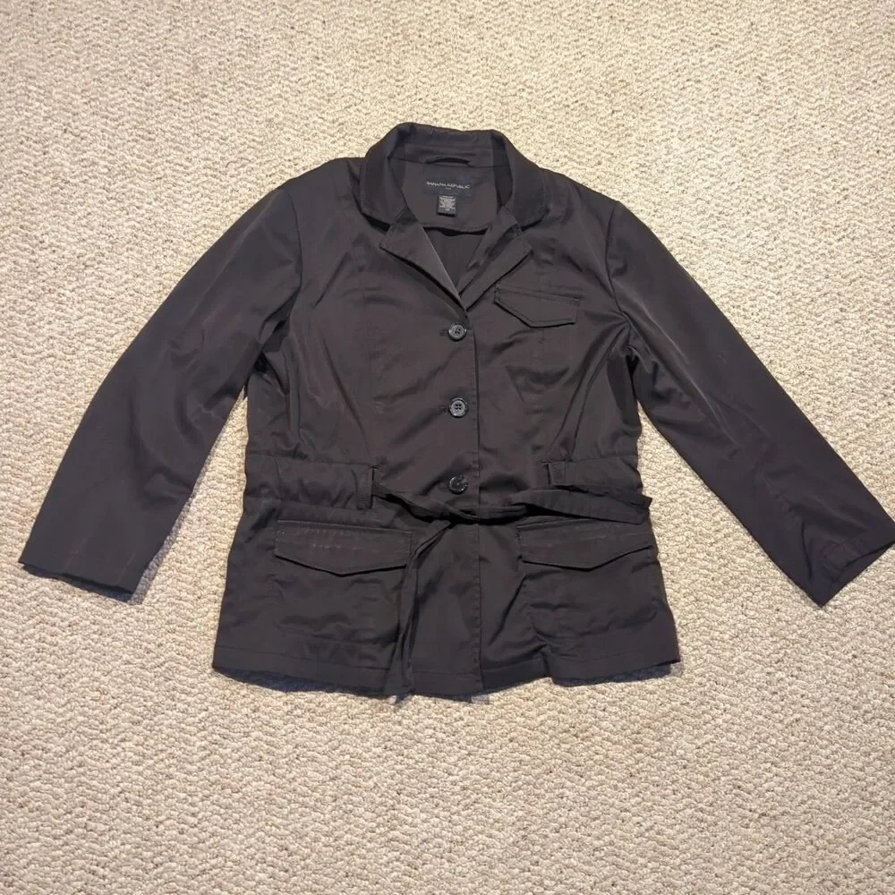 Banana Republic Jacket Blazer Womens 10 Black Tie Waist Stretch Preppy